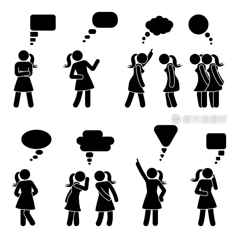 Stick figure对话speech bubbles set。说话，思考，窃窃私语身体语言女人谈话图标象形文字
